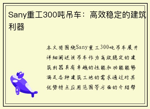 Sany重工300吨吊车：高效稳定的建筑利器