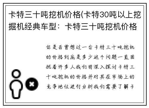 卡特三十吨挖机价格(卡特30吨以上挖掘机经典车型：卡特三十吨挖机价格及其市场竞争分析)